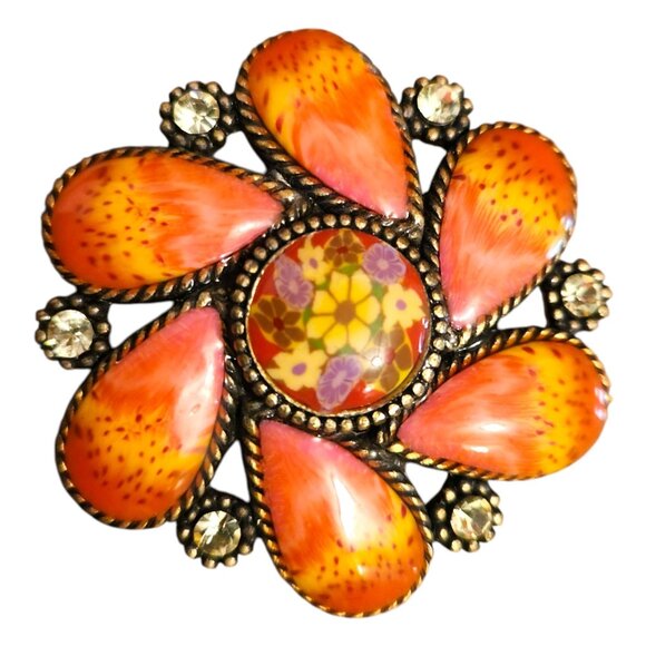 Vintage Floral Statement Brooch Red & Orange Enamel - Picture 2 of 8